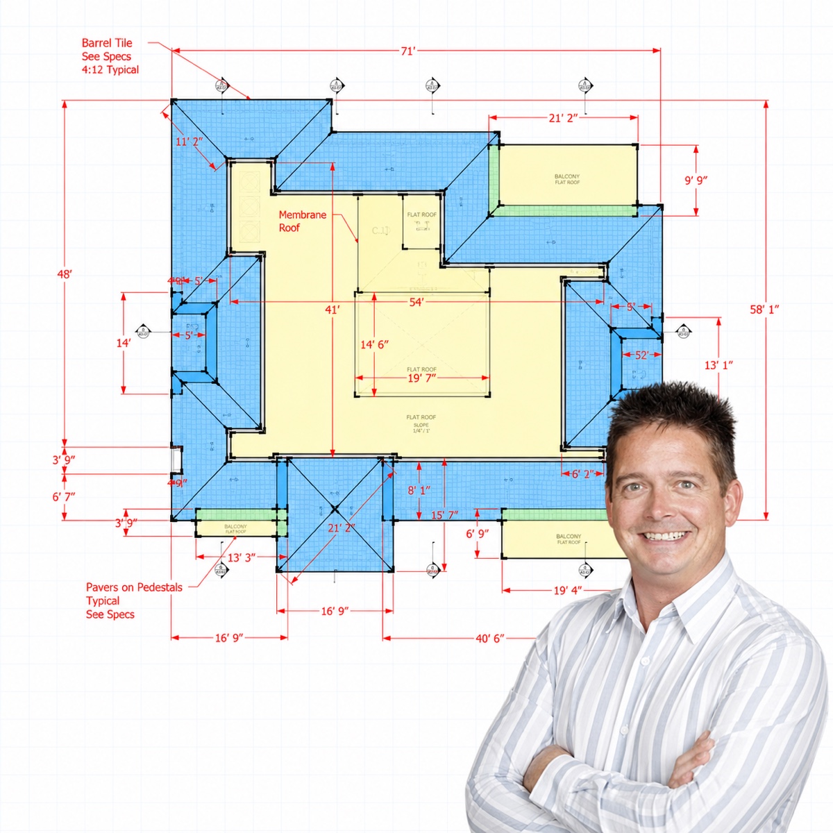 Marked-up residential roof plan with measured roofing quantities and Darren Nash